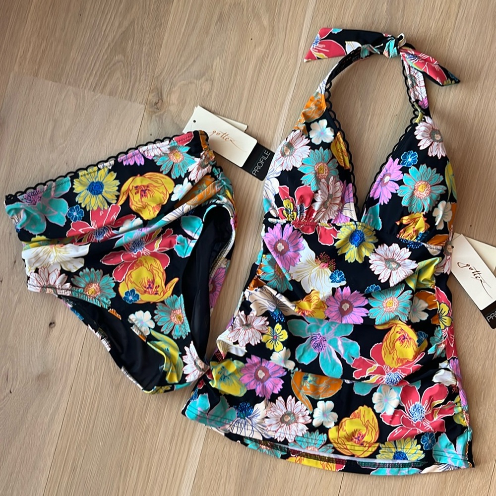 NWT Gottex Black Floral Tankini and Bottoms